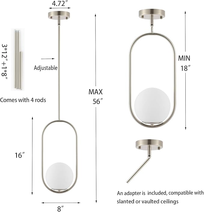 Modern Globe Pendant Light Brushed Nickel Chandelier 1-Light Mid Century Ceiling Hanging Lighting Fixture White Globe Glass Shades for Kitchen Island Dining Room Bedroom