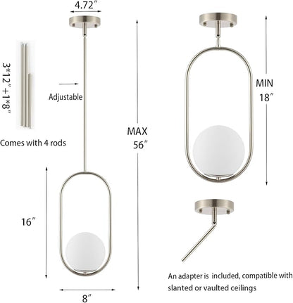 Modern Globe Pendant Light Brushed Nickel Chandelier 1-Light Mid Century Ceiling Hanging Lighting Fixture White Globe Glass Shades for Kitchen Island Dining Room Bedroom