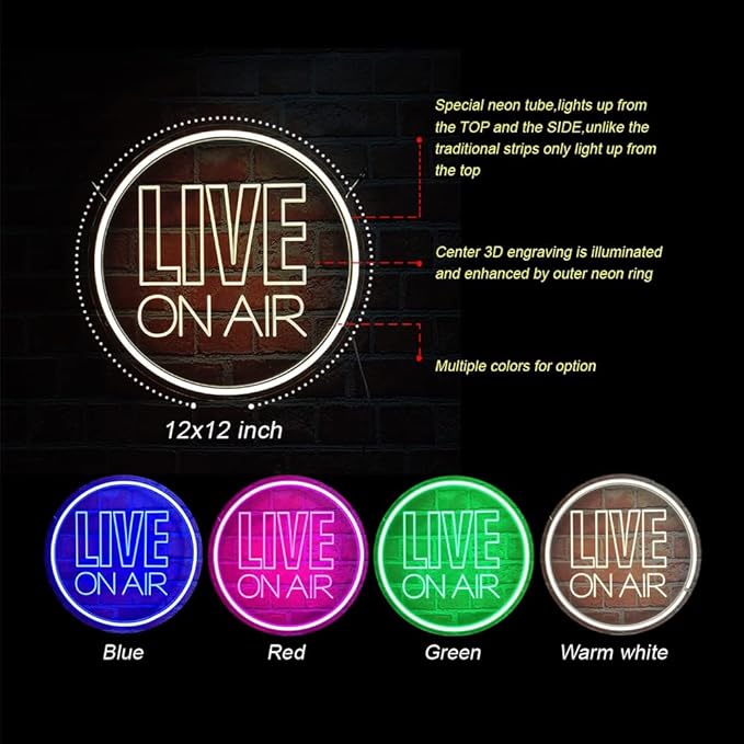Personalized Live On Air Neon Sign, Custom Color Neon Live On Air 3D Art Led Sign, Dimmable Wall Décor Round Live On Air Streaming LED Night Light for Streamer, Game Room, Studio Decoration(Custom)