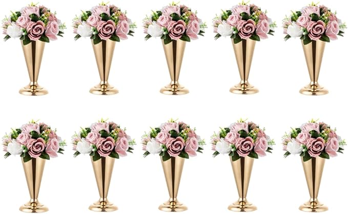 Gold Vase Centerpiece Table Decorations - 10 Pcs Metal Tabletop Flower Stand, Wedding Decorations for Reception, 9.8in Trumpet Tall Flower Vase for Birthday, Weddings, Anniversary, Home Decor