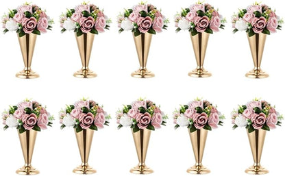Gold Vase Centerpiece Table Decorations - 10 Pcs Metal Tabletop Flower Stand, Wedding Decorations for Reception, 9.8in Trumpet Tall Flower Vase for Birthday, Weddings, Anniversary, Home Decor
