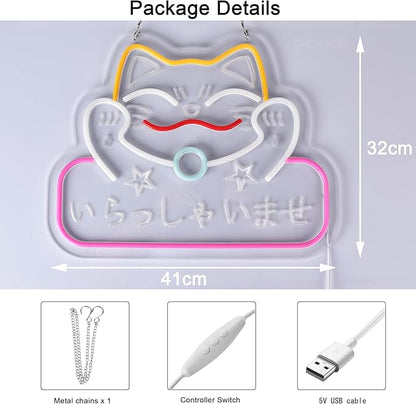 Japanese Welcome Neon Sign Fortune Cat Wall Decor Dimmable Led Neon Lights Japanese Style いらっしゃいませ Neon Billboard for Restaurant Shop Store Window USB Powered 16.1" x 12.6"