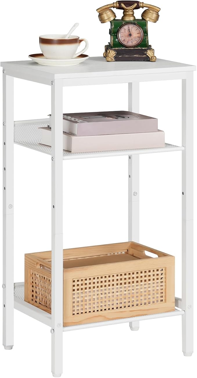 HOOBRO Tall Side Table, 3-Tier Telephone End Table with Adjustable Mesh Shelves, Small Entryway Table with Storage, Small Nightstand for Living Room, Bedroom, Hallway, Office, White WW01DH01G1
