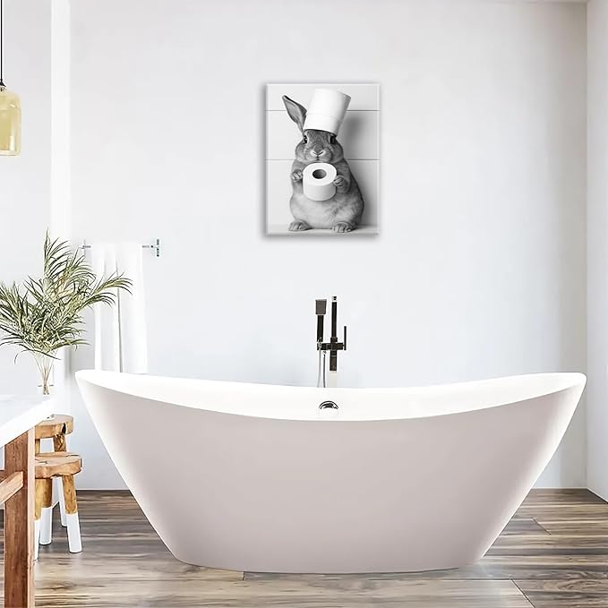 Bunny Bathroom Wall Art, Rabbit Pictures Wall Decor, Animal Canvas Prints Painting, Framed Artwork For Bathroom Living Room Bedroom Office Dining Room 24"X20"