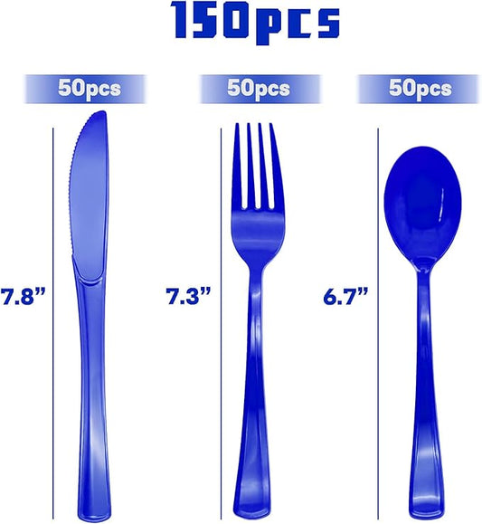 150 Pack Dark Blue Plastic Silverware, Blue Plastic Utensils Heavy Duty, 50 Forks, 50 Knives, 50 Spoons for Birthday, Graduation, Memorial Day, Flag Day, 4th of July