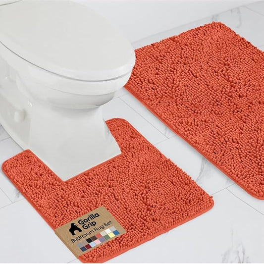 GORILLA GRIP Bathroom Rug Sets, Soft Chenille 2 Piece Area Rugs Set, Toilet Base Mat and 30x20 Carpet, Absorbent Microfiber Washable Mats Dry Quickly, Home Décor and Bath Room Accessories, Coral