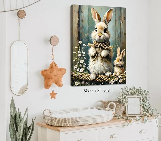 Farmhouse Rabbit Wall Art,Bunny Easter Flower Wall Decor Framed Canvas Wall Art,Vintage Rabbit Prints,Rustic Bunny Spring Wildflower Wall Decor for Living Room Farmhouse Dorm(12"x16")