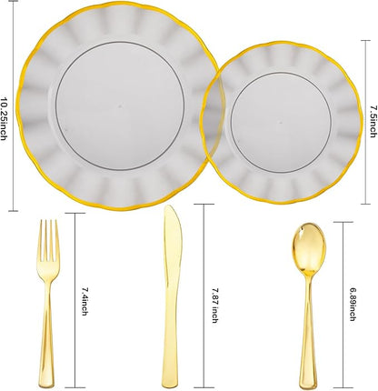 EI 150pcs Clear Black Dinnerware Set,Clear Black Fancy Plastic Plates with Gold Rimmed and Gold Plastic Silverware,Heavy Duty Party Plates Disposable for Afternoon Tea,,Christmas,New Year
