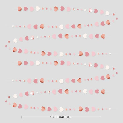 Rose Gold Party Decorations Dusty Pink Heart Garland Blush Pink Hanging Paper Streamer for Valentines Day Bridal Shower Birthday Anniversary Baby Shower Engagement Bachelorette Wedding Party Supplies