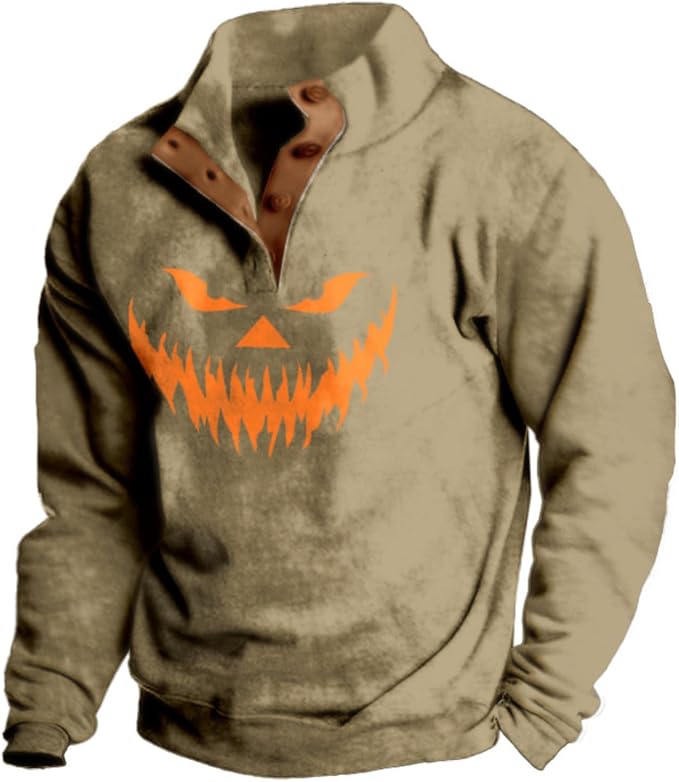 Mens Western Halloween Hoodie Button Up Henley Shirt Cowboys Sweatshirt Men Graphic Long Sleeve Pullover Tops