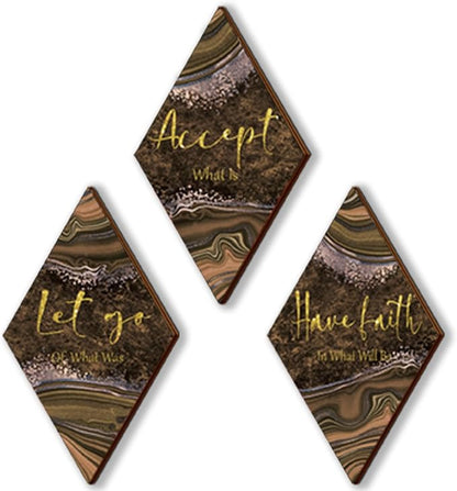 ONIZHITY 3 Pcs Brown Gold Bathroom Decor Brown Wall Decor with Accept Let Go Have Faith Quote Rustic Vintage Farmhouse Wooden Hanging Signs for Home Living Room Bedroom Office(12x7 Inches)