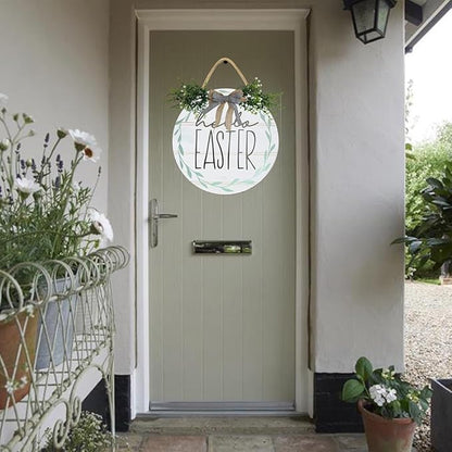 Boylee Easter Wooden Hanging Sign Hello Easter Sign Door Decoration with Bow Rustic Easter Wood Wreath Sign for Easter Spring Holiday Home Coffee Shop Bakery Farmhouse Window