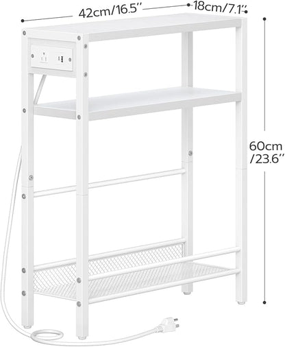 HOOBRO Small Narrow Side Table with Charging Station, Skinny End Table for Small Spaces, Slim Nightstand with USB Ports Outlet, Sofa Beside Table with Storage Shelf, White WT102UBZ01