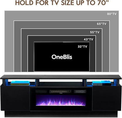 70" TV Stand for Living Room, Modern Entertainment Center & Media Console, Fits TVs up to 80", Storage Cabinet with Shelves, 36" Electric Fireplace with LED Flame (All Black)