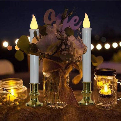 GOOTHY Christmas Window Candles Lights, Automatic Timer LED Flickering Candle Lights with Gold Base (6/18 Hour Timer), 9'' LED Battery Operated Candles for Indoor Table Party Decor- Set of 4