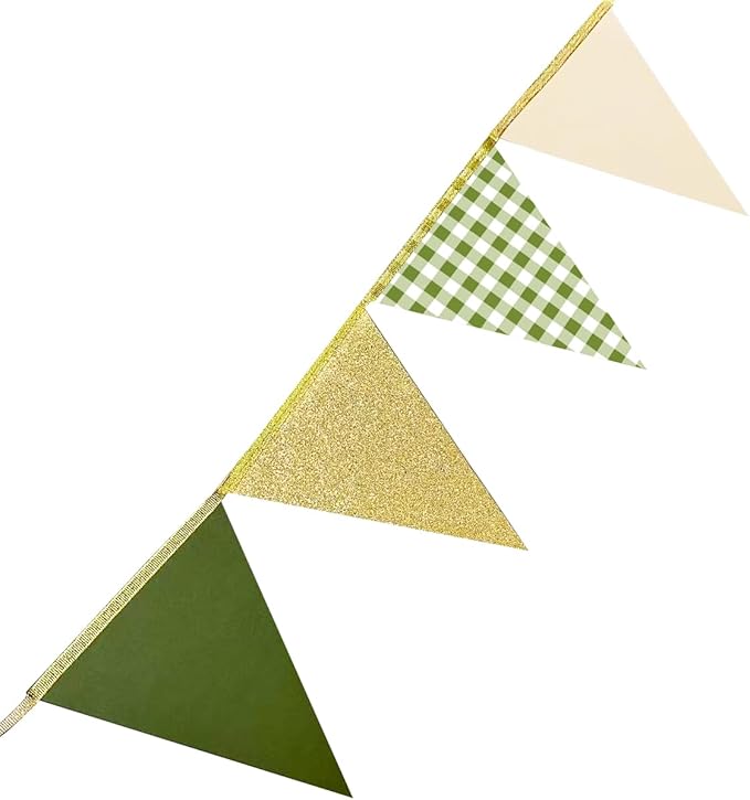 Sage Green Gold Buffalo Plaid Pennant Banner Flag Oilve Green Gold Hanging Glitter Paper Triangle Bunting for Birthday Neutral Baby Shower Wedding Safari Jungle Woodland Party Decorations Supplies