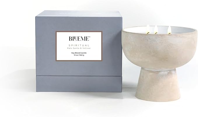 BLUEME Spiritual - Palo Santo & Vetiver, Luxury Candle w/Essential Oils, 3 Wick, Hand-Poured Soy, Cotton Wick, Ceramic