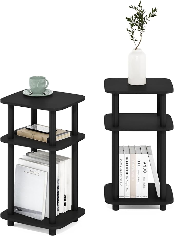 Furinno JUST Side Table Set of 2, 3-Tier Turn-N-Tube End Table with Open Shelf, Round Curve Corner Night Stand, Bedside Table, Easy Assembly, for Living Room, Bedroom, Americano