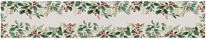 Christmas Table Runner 13x72 Inch Winter Holiday Greenery Red Berries Farmhouse Dining Table Decoration Burlap Tablecloth for Kitchen Dining Indoor Outdoor Christmas Party Home Decor