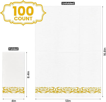 100 Pack Napkins Disposable Guest Towels Linen-Feel Decorative Napkins Soft and Absorbent Dinner Paper Hand Towels for Bathroom Party Powder Room Hotel Fancy Restaurant (100 Gold Floral)