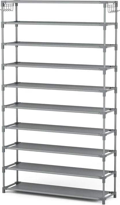 LANTEFUL 10 Tiers Shoe Rack 50 Pairs Large Capacity Tall Shoe Organizer Sturdy Shoe Storage with Two Hooks Space Saving Metal Wide Shoe Rack for Closet, Entryway, Bedroom, Grey
