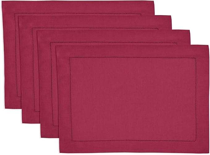 Solino Home Linen Cloth Placemats Set of 4-100% Pure Linen Hemstitch Beet Placemats 14 x 19 Inch - Classic Hemstitch Table Place Mats for Fall, Autumn, Christmas, Holiday, Winter, New Year