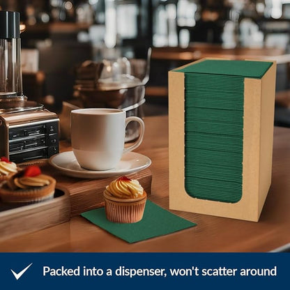 PAW - 100-Pack Disposable Linen-Feel Cocktail Napkins 4" x 4", Dark Green Premium Paper Desert Napkins for Parties, Events, Elegant Cloth-Like Beverage Napkins For Bars, Restaurants, Catereres