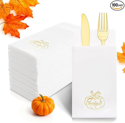 100PCS Thanksgiving Napkins Disposable - White and Gold Paper Napkins with Built-in Flatware Pocket Prefolded Cloth Like - Heavy-duty Linen-Feel Dinner Napkins for Thanksgiving & Dinner