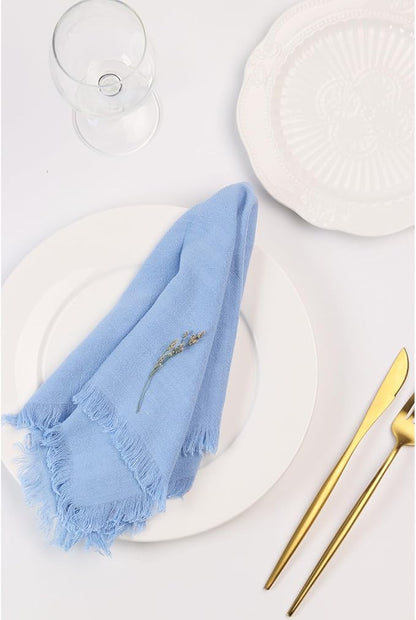Handmade Cloth Napkins with Fringe,18 x 18 Inches Cotton Linen Napkins Set of 4 Versatile Handmade Square Rustic Fringe Napkins for Dinner, Wedding and Parties, Dusty Blue