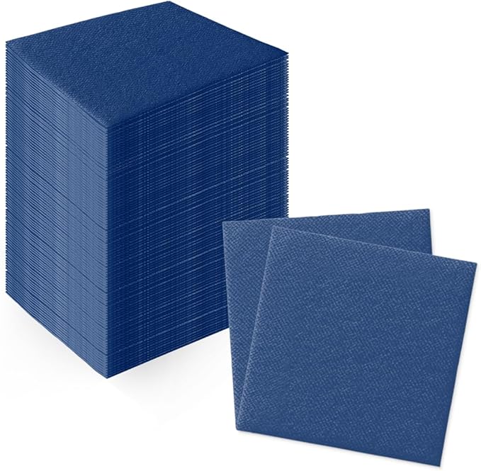 PAW - 100-Pack Disposable Linen-Feel Cocktail Napkins 4" x 4", Navy Blue Premium Paper Desert Napkins for Parties, Events, Elegant Cloth-Like Beverage Napkins For Bars, Restaurants, Catereres