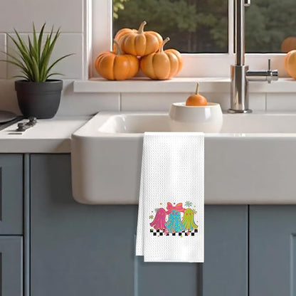 Halloween Ghost Kitchen Towels, Coquette Pink Bow Ghost Dish Tea Towels for Kitchen Decor, Trendy Spooky Halloween Decorative Hand Towel for Bathroom, 16x24 Inches