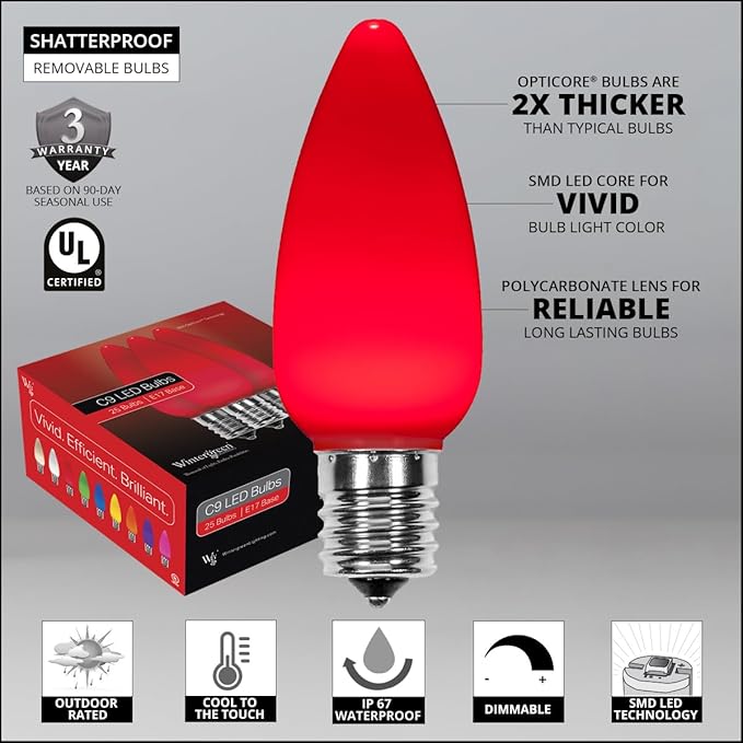 Wintergreen Lighting 50 C9 OptiCore LED Commercial Outdoor Christmas Lights – Heavy Duty Christmas String Lights; Green Wire (50 ft, Red Smooth/Opaque)