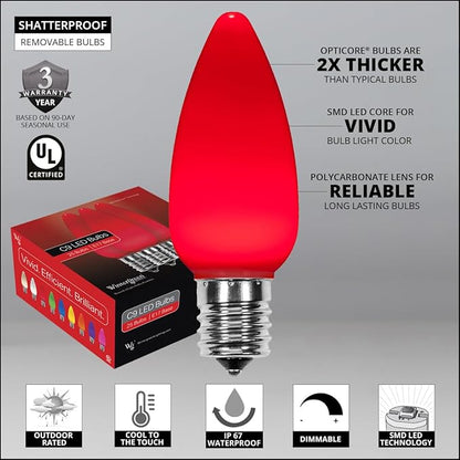 Wintergreen Lighting 100 C9 OptiCore LED Commercial Outdoor Christmas Lights – Heavy Duty Christmas String Lights; Green Wire (100 ft, Red Smooth/Opaque)