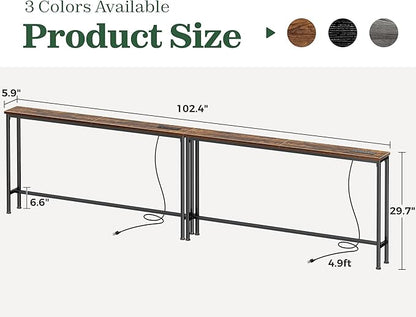 SUPERJARE 102.4 Inch Sofa Table with Power Outlets and USB-C Ports, 5.9 Inch Narrow Console Tables, Entryway Hallway Couch Tables with Storage, Behind Sofa, Small Spaces, Living Room, Rustic Brown