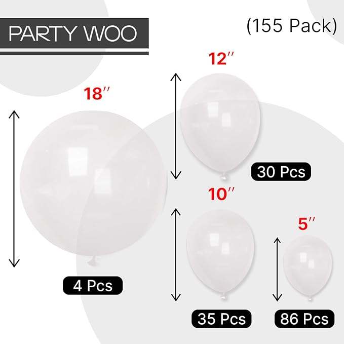 PartyWoo Clear Balloons 155pcs Different Sizes of 18 12 10 5 Inch Transparent Balloon Arch Kit for Graduation Wedding Baby Shower Bridal Shower Anniversary Birthday Party Decorations Clear-Y2