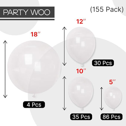 PartyWoo Clear Balloons 155pcs Different Sizes of 18 12 10 5 Inch Transparent Balloon Arch Kit for Graduation Wedding Baby Shower Bridal Shower Anniversary Birthday Party Decorations Clear-Y2