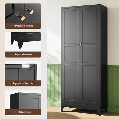 Letaya 75" H Metal Storage Cabinet with 2 Doors and 4 Shelves,Tall Kitchen Pantry Cabinets,Farmhouse Utility Pantry Organizers for Cupboard/Dining/Bathroom/Home Office/Garage Room,Black