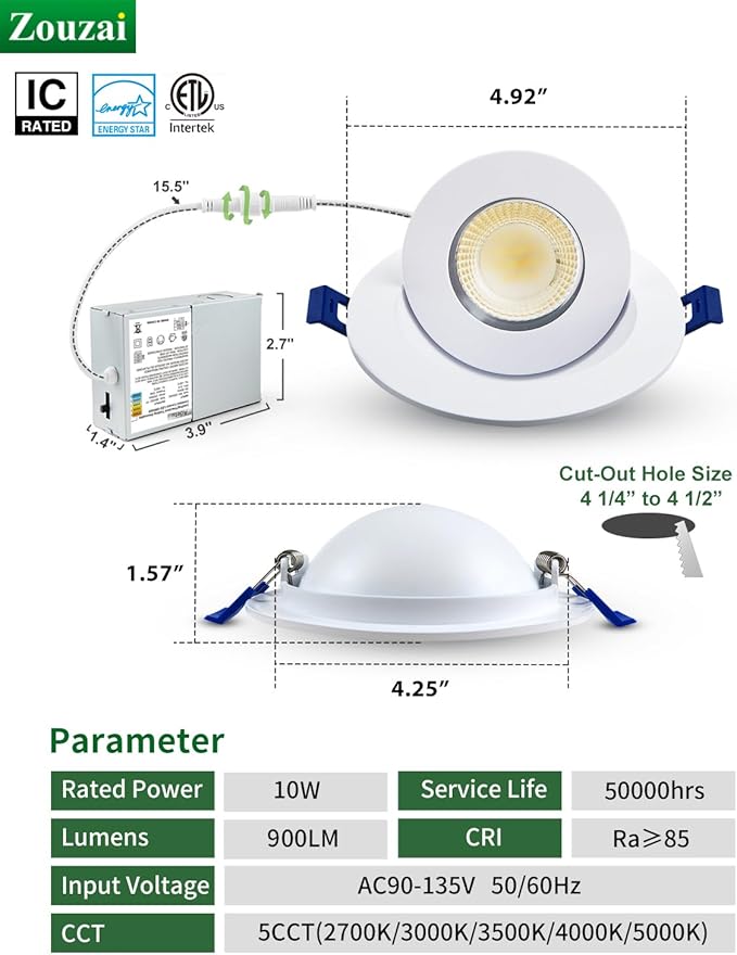 zouzai 4 inch 5CCT Adjustable Gimbal LED Recessed Light, 360°+90° Directional, Dimmable, Decorative Lighting for Home and Commercial, Ambient Lighting, Displays, Sloped Ceilings, 6-Pack White ETL