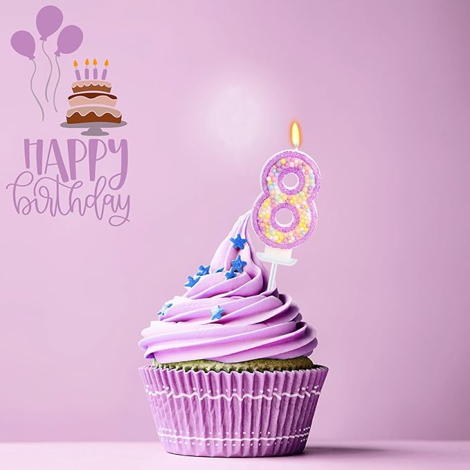 Birthday Candles - Number 8 Candle, Colorful Macaron Candles for Boys/Girls, Purple Party Decorations, Purple Cake Decorations