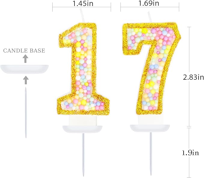 17th Birthday Candle for Cake, Colorful Macaron Numeral Candles for Boys/Girls, Birthday Party Cake Decorations, Golden Cake Topper for Birthday Party Supplies (Number 17)