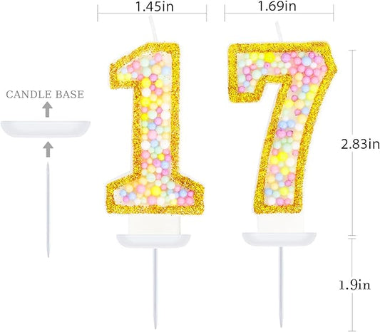 17th Birthday Candle for Cake, Colorful Macaron Numeral Candles for Boys/Girls, Birthday Party Cake Decorations, Golden Cake Topper for Birthday Party Supplies (Number 17)