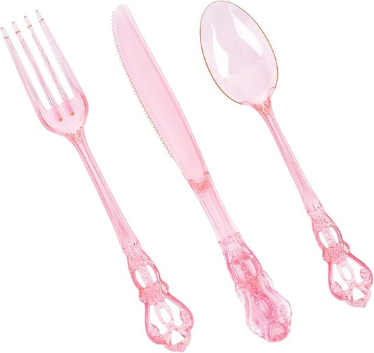 150PCS Pink Plastic Silverware - Heavy Duty Elegant Disposable Utensils - Vintage Clear Pink Cutlery Set Includes 50Forks, 50Spoons, 50Knives for Dinner Parties Weddings