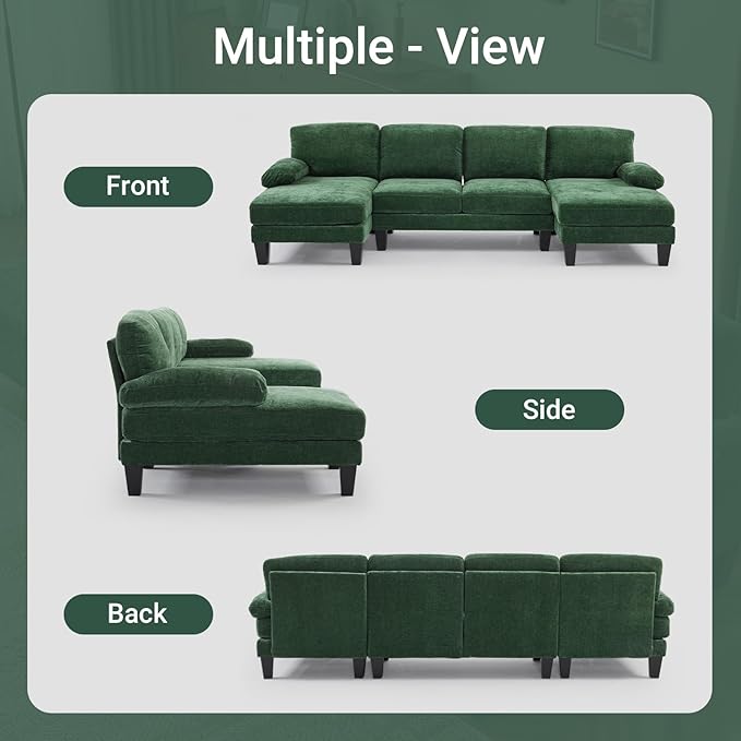 VINGLI 110" Sectional Couches for Living Room,U Shaped Couch with Double Chaise, 4-Seat Sofa Set with Chenille Fabric for Home Furniture,Forest Green