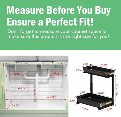Under Sink Organizer - 2 Packs Multi-Purpose Pull-Out Storage Organizers, Slide out Pull out Cabinet Organizer Shelf, Storage for Kitchen Bathroom, Black