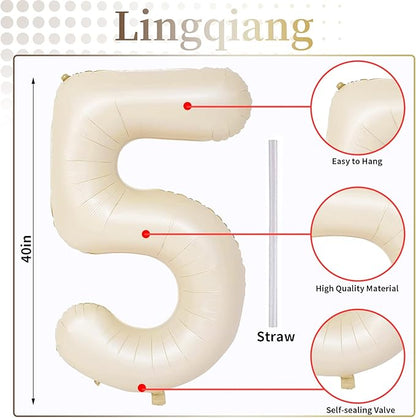Beige Number 5 Balloon for Girls Boys, 40 Inch Large Cream Number 0-9 Foil Mylar Helium Digital Balloons Set for Women Men Birthday Graduation Anniversary Party Decorations Celebration Supplies