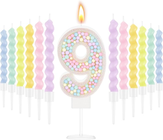 MTLEE Number 9 Birthday Candle with 12 Pcs Spiral Candles for Girls Macaron Pastel Rainbow Unicorn Pink Cake Topper for Sweet Theme Party Decoration