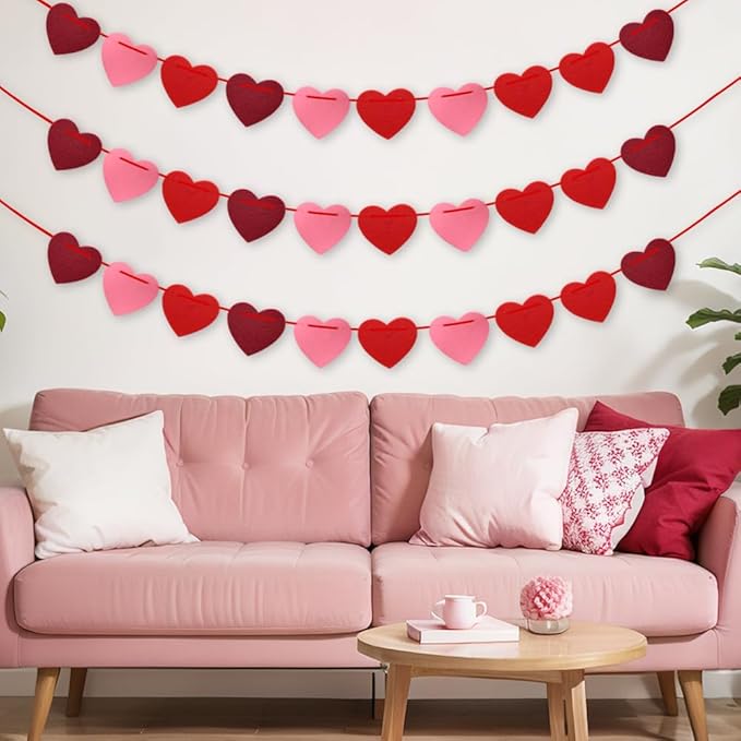 Valentines Day Decorations, Valentines Day Garland - Felt Heart Garland Banner for Mantle, Wall, Party Valentine Decorations - Hanging Hearts Decorations for Valentine Decor, 6 Strips