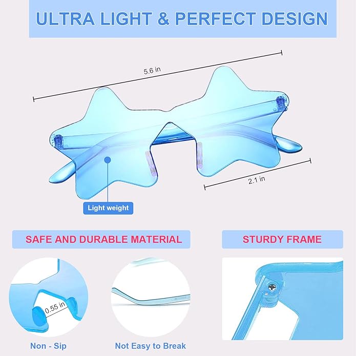 9 Pack Star Sunglasses, Colorful Rimless Star Shaped Glasses, Unisex Party Favors Supplies for Beach, Pool, Outdoors