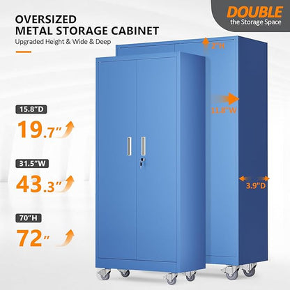 VINGLI Large Metal Storage Cabinet with 2 Doors and 5 Adjustable Shelves, Upgraded Height & Wide & Deep, 43''W x 20''D x 72''H, Oversized Garage Storage Cabinet with Wheels and Locks (Blue)