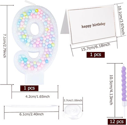 Number Birthday Candle with 12PCS Spiral Candles and A Birthday Card - Perfect for Celebrating Birthdays (Macaron Glitter, Number 9)